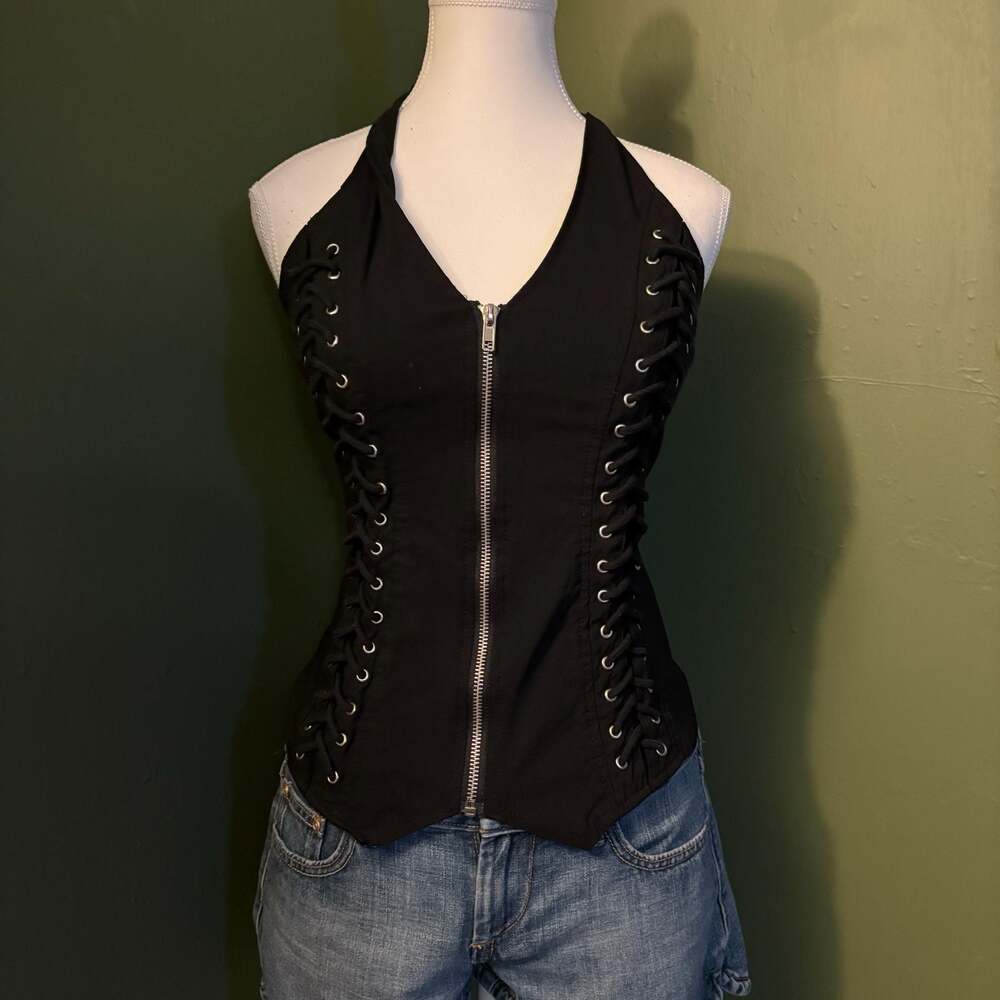 Lydia U.S.A. Black Lace-Up Front Zip Halter Corset Top Size S